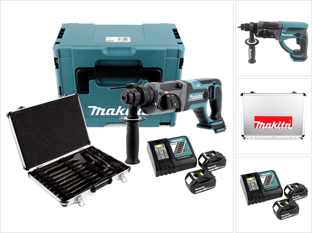 Makita DHR 241 RTJ accuklopboormachine 18 V Li-Ion met SDS-Plus montage in Makpac + 2x BL 1850 B 5.0 Ah accu + DC 18 RC snellader + Makita D-42444 SDS-Plus boorset 17 stuks in aluminium koffer