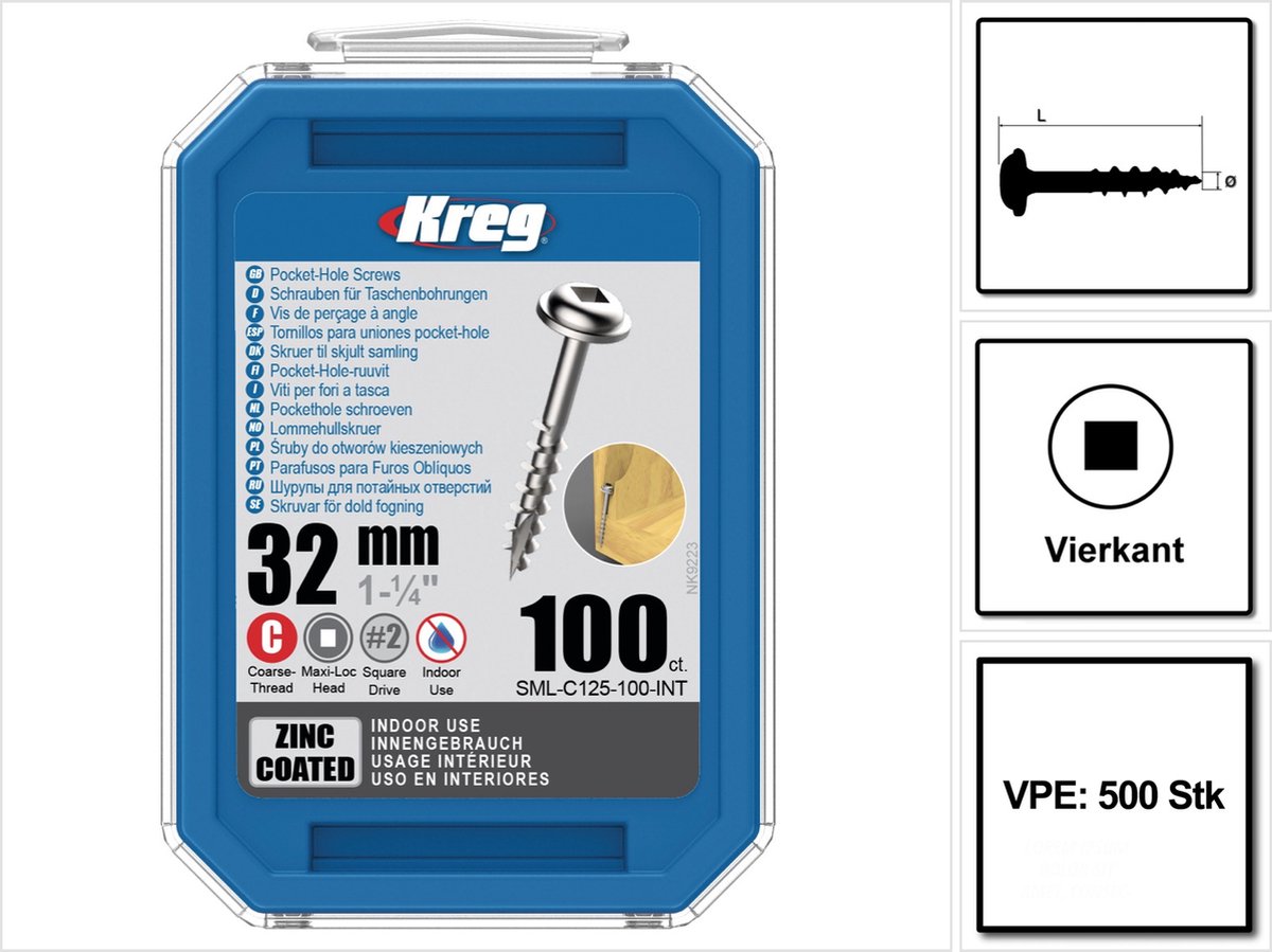 KREG Pocket-Hole lenskopschroef 32 mm 500 stuks ( SML-C125-500 ) Vierkant aandrijfgedeelte Gedeeltelijk schroefdraad Grove schroefdraad Zelfsnijdend Verzinkt