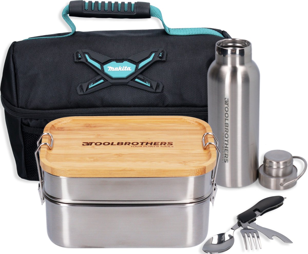 Toolbrothers Fan lunchpakket in Makita koeltas met roestvrijstalen broodtrommel 2 lagen bamboe deksel 1340 ml + roestvrijstalen drinkfles 500 ml + 4 in 1 multifunctioneel bestek