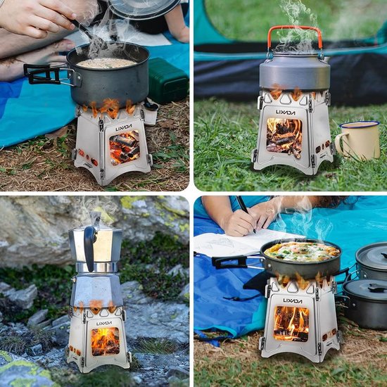 draagbare houtoven, houtbrander voor op de camping, voor een picknick of barbecue, roestvrij staal/titanium hout — afbeelding 4