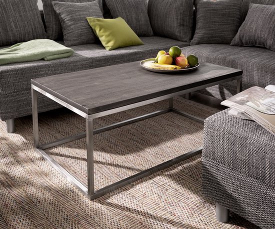 Table de salon Tatius acacia platine 100x57 structure style industriel en acier inoxydable
