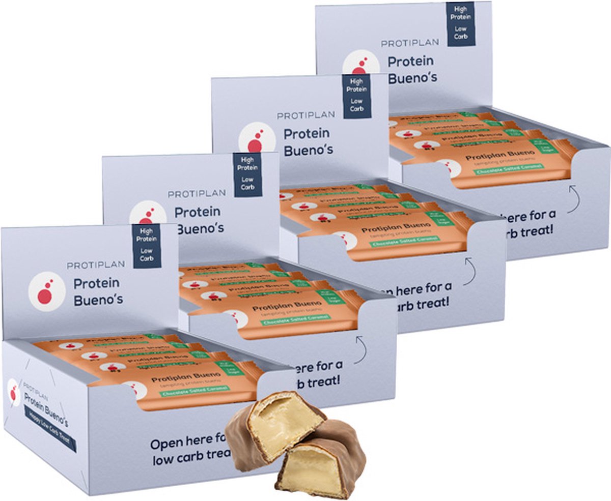 Goedkoopste Protiplan | Bueno Chocolade Salted Caramel | 48 stuks | 48 x 40 gram | Low carb snack | Eiwitrepen | Koolhydraatarme sportvoeding | Afslanken met Proteïne repen | Snel afvallen zonder hongergevoel!