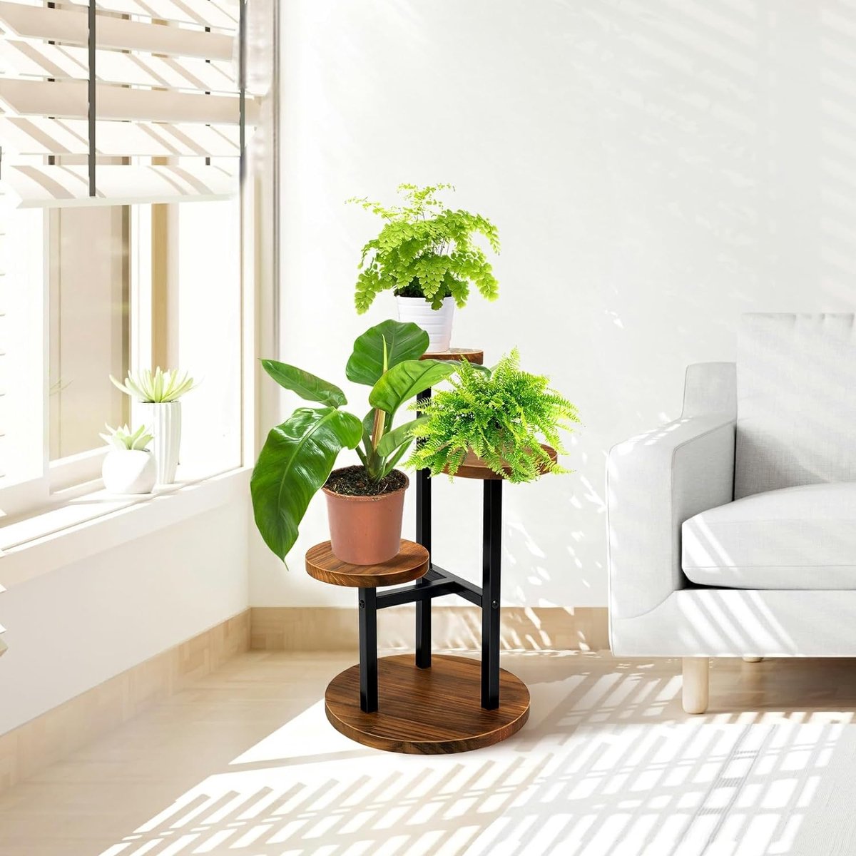 3-laags plantenstandaard hoekplantenstandaard hoge metalen houten plantenplankhouder voor kamerplanten buiten tuin plantendisplay rek bloempotstandaard voor hoek woonkamer balkon tuin