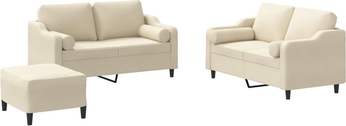 vidaXL - 3-delige - Loungeset - met - kussens - stof - crèmekleurig