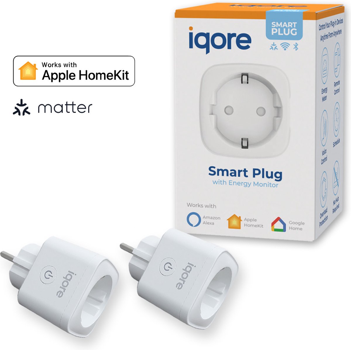 iqore - 2-pack - Slimme stekker WiFi - APPLE HOMEKIT - met ondersteuning voor MATTER - 16A 3680W Smart plug met Stroomverbruikmeter, Energiemeter en Timer - Compatibel met Apple Homekit / Siri, Google Home - Smart Life app