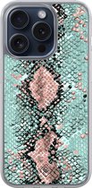 Casimoda® hoesje - Geschikt voor iPhone 15 Pro - Slangenprint pastel mint - 2-in-1 case - Schokbestendig - Slangenprint - Verhoogde randen - Mint, Transparant