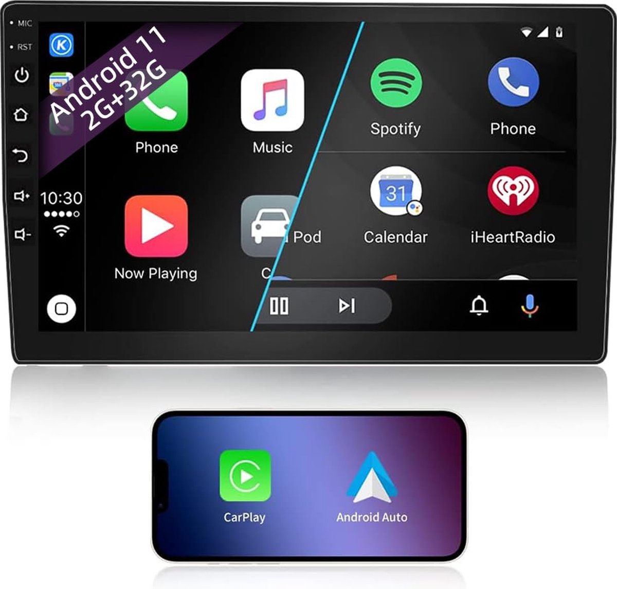 Beroli - Autoradio met Bluetooth - 10 inch 1080P HD-touchscreen - 2 DIN - 10 inch 1080P HD-touchscreen - Android Autoradio met Navigatiesysteem - Wireless CarPlay - Wireless Android Auto - FM-radio - Mirrorlink