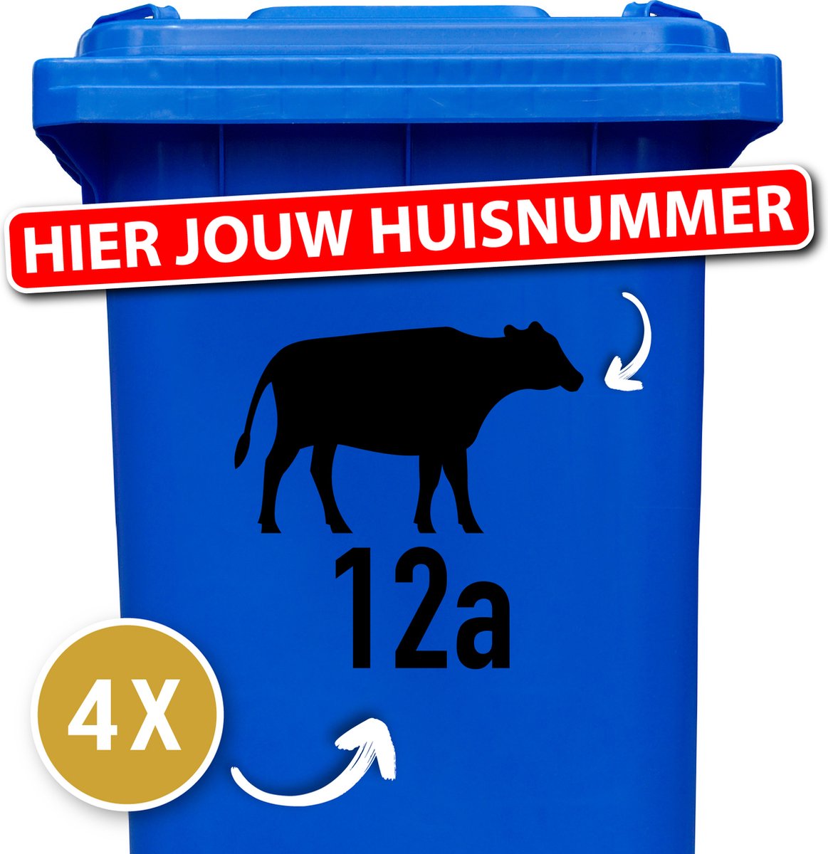 Container Sticker Huisnummer + Koe 4 Stuks - Zwart - 20 x 20 cm - kliko Sticker Voordeelset - Containerstickers - Weerbestendige Stickers - Stickers Buiten - Containersticker Huisnummer - klikostickers - Cijfer Sticker - Kliko Sticker Huisnummer
