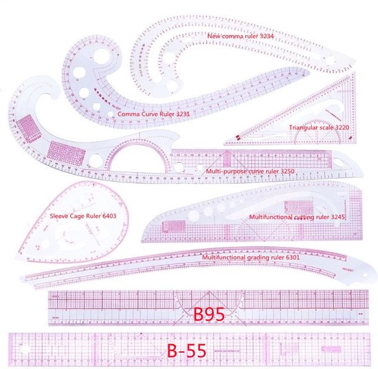 Een set transparante, roze meetinstrumenten, waaronder gebogen en rechte linialen met schalen.