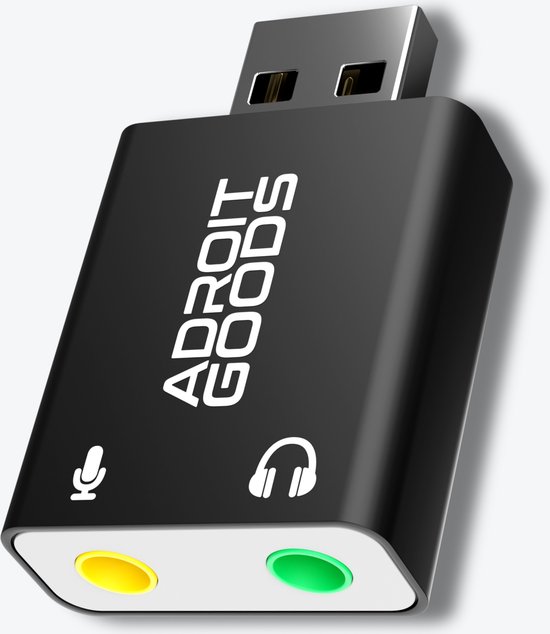 Zwarte USB-geluidskaartadapter met microfoon- en hoofdtelefoonaansluitingen.