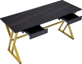 Merax Luxe Bureau 150cm - Computertafel met 2 Lades - Goud met Zwart - Marmerlook