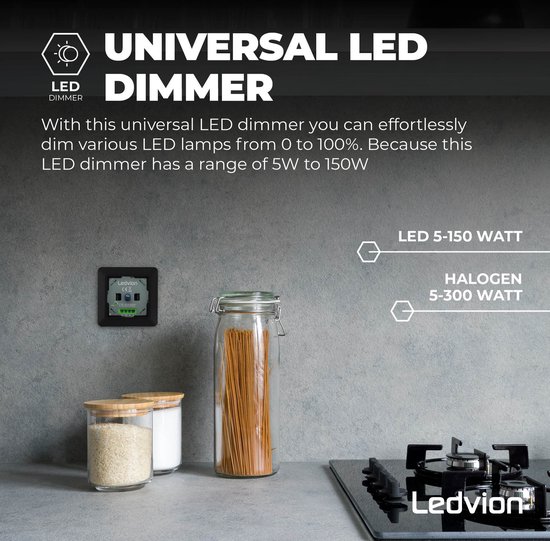Ledvion Led Dimmer 3 tot 200 Watt, Universele LED Dimmer Incl. Afdekplaat, Led Dimmer Inbouw, Dimmer Schakelaar, Dimmer Afdekraam, Dimmer+ Afdekplaat, Dimmer Zwart - LEDVION