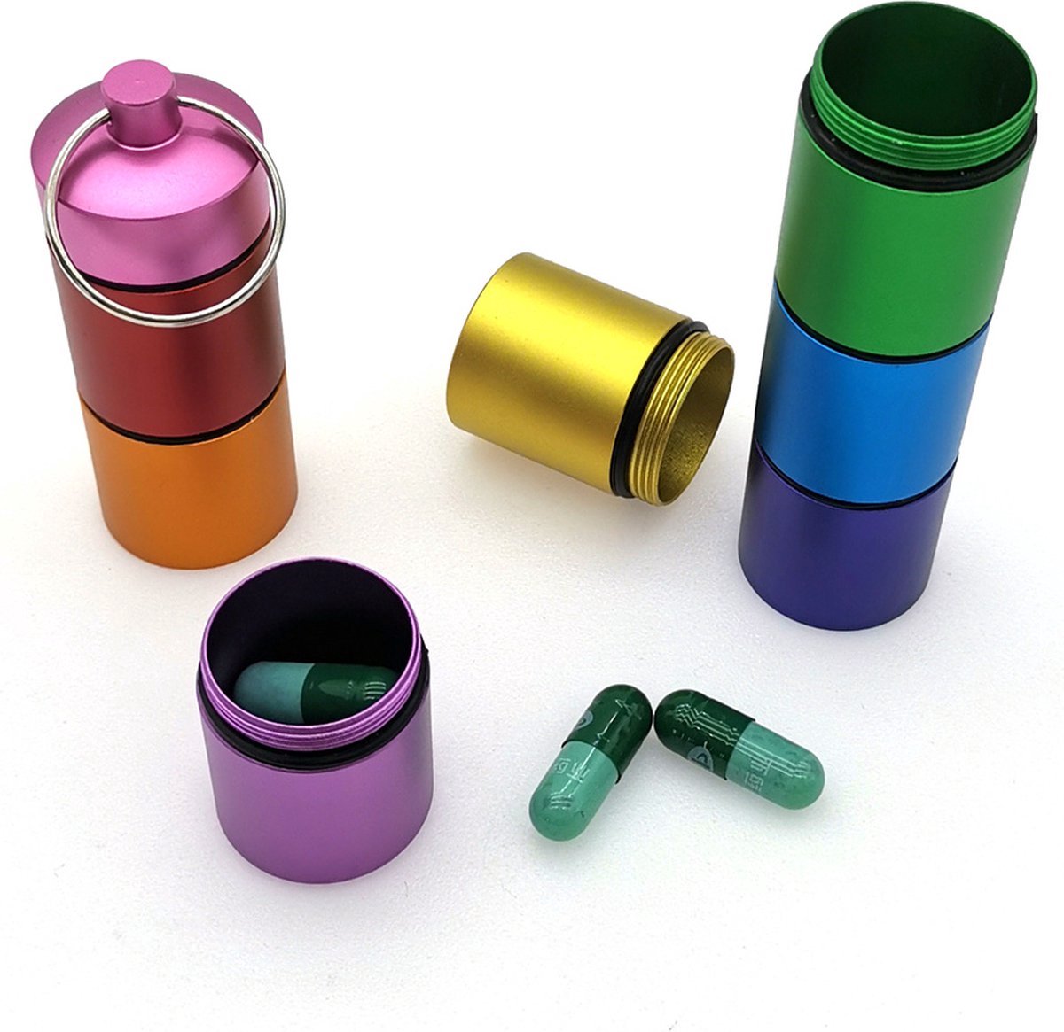 Goedkoopste Multicolor Pillendoosje - Aluminium - 8 Vakken - Draaibaar - Incl. Karabijnhaak - Medicijn Doosje - Pil Box Tube - van Heble®