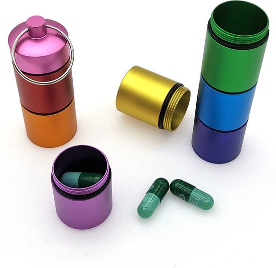 *** Pilulier multicolore - Aluminium - 8 compartiments - Rotatif - Incl. Mousqueton - Boîte à médicaments - Tube Pilulier - de Heble®***