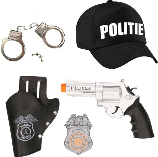 Foto: Carnaval verkleed politie agent pet cap zwart met pistool badge handboeien heren dames