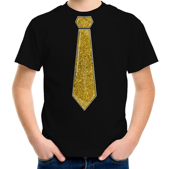 Bellatio Decorations Verkleed t-shirt voor kinderen - glitter stropdas - zwart - jongen - carnaval 140/152
