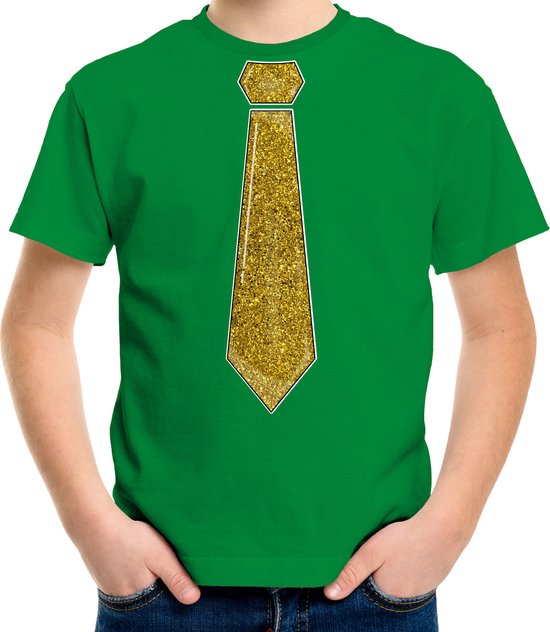 Bellatio Decorations Verkleed t-shirt voor kinderen - glitter stropdas - groen - jongen - carnaval 104/110