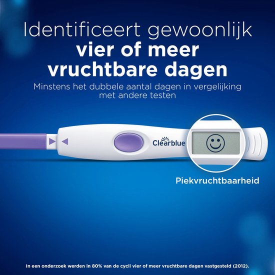 Clearblue digitale ovulatietest toont smiley "Piekvruchtbaarheid". "Identificeert gewoonlijk vier of meer vruchtbare dagen".