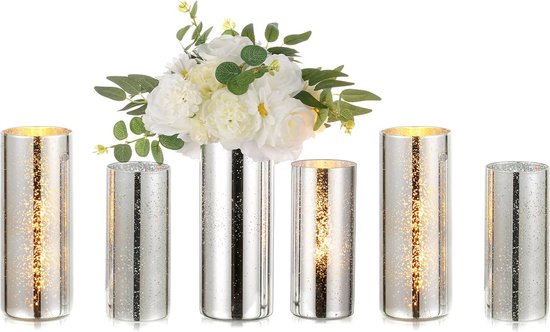 Zilveren windlicht van groot glas: een set van 6 kaarsenhouders voor stompkaarsen, windlichten van glas, kwikvazen, decoratieve kaarsenhouders van glazen cilinders met bodem voor staafkaarsen en drijvende kaarsen.