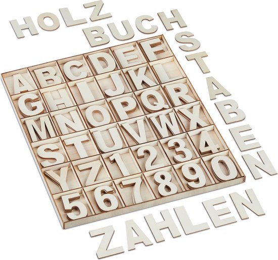 Relaxdays houten letters en cijfers - 144-delige set - knutselen - doos - diy - alfabet