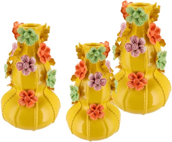 Vase en faïence jaune super vintage à 3 boules avec fleurs colorées en faïence 14 x 22 CM Petit