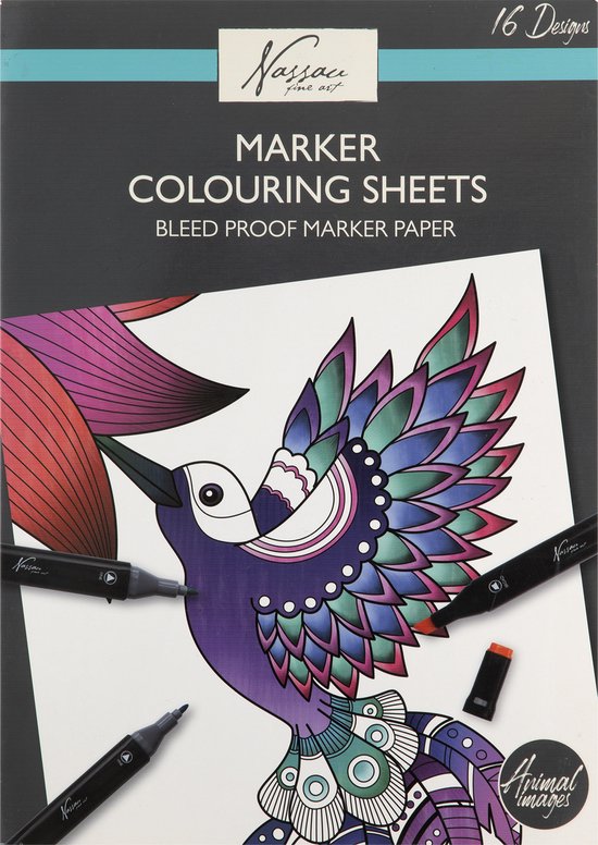 Nassau Fine Art Dieren Kleurboek voor Volwassenen - 16 Artistieke Ontwerpen - Alcohol Marker Geschikt - Afmeting 35x25cm - Doorslagvrij