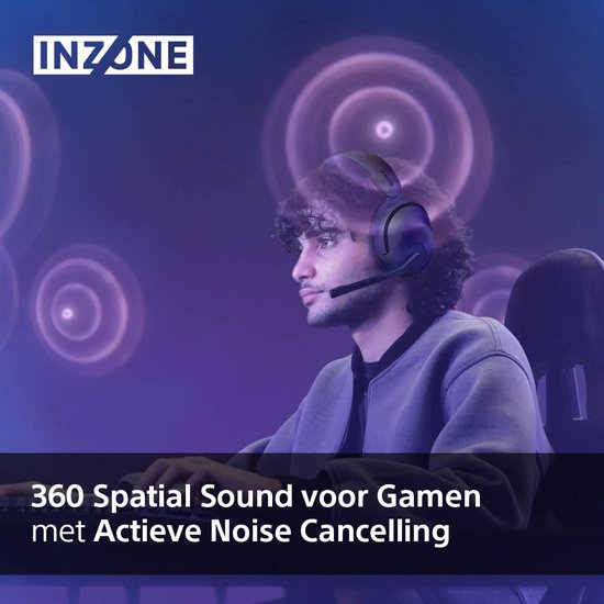 Man met zwarte Sony INZONE H5 gaming headset met 360 Spatial Sound en actieve noise cancelling.