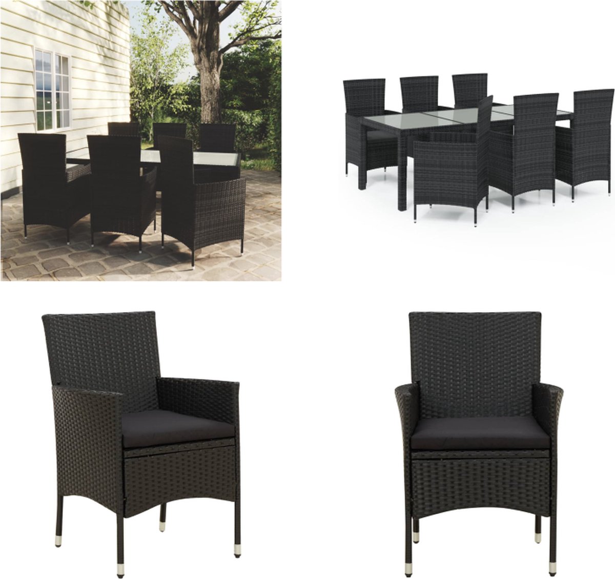 VidaXL 7-delige Tuinset met kussens poly rattan zwart Tuinset Tuinsets Eethoek Eetset