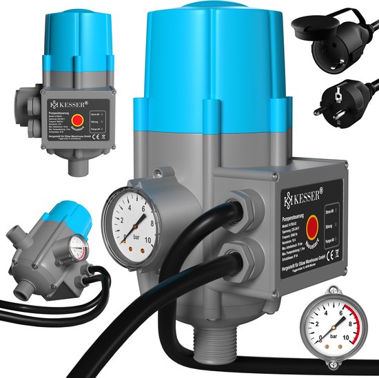 Elektronische drukschakelaar Kesser met analoge drukmeter, kabels en stekkers.