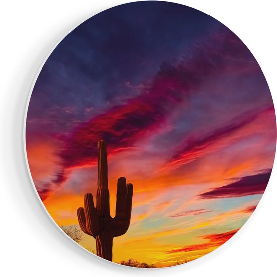 Artaza Forex Muurcirkel Cactus bij Oranje Zonsondergang - 90x90 cm - Groot - Wandcirkel - Rond Schilderij - Muurdecoratie Cirkel