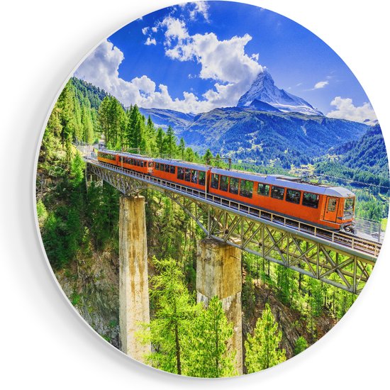 Artaza Muurcirkel - Trein op een Brug bij een Waterval in Zwitserland - Wandcirkel - Rond Schilderij