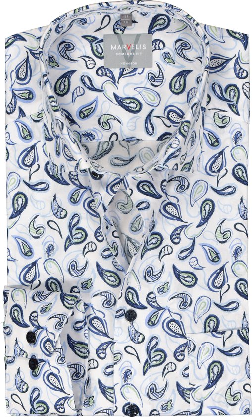 MARVELIS comfort fit overhemd - popeline - wit met licht- en donkerblauw dessin - Strijkvrij - Boordmaat: 42