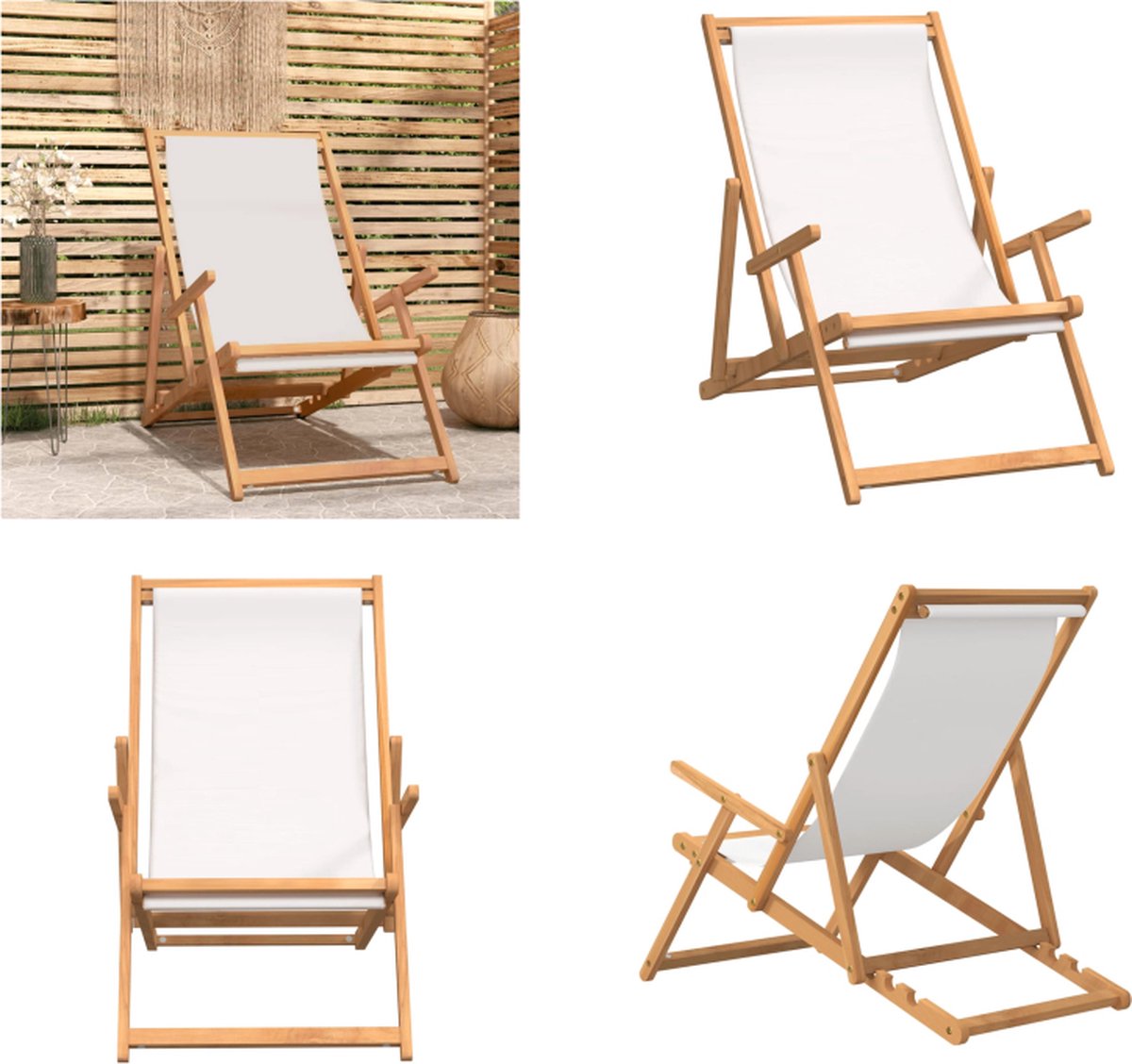 VidaXL Strandstoel inklapbaar massief teakhout crèmekleurig Strandstoel Strandstoelen Tuinstoel Buitenstoel