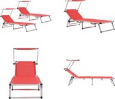 vidaXL Ligbedden inklapbaar met dak 2 st aluminium en textileen rood - Zonnebed - Zonnebedden - Ligstoel - Ligstoelen
