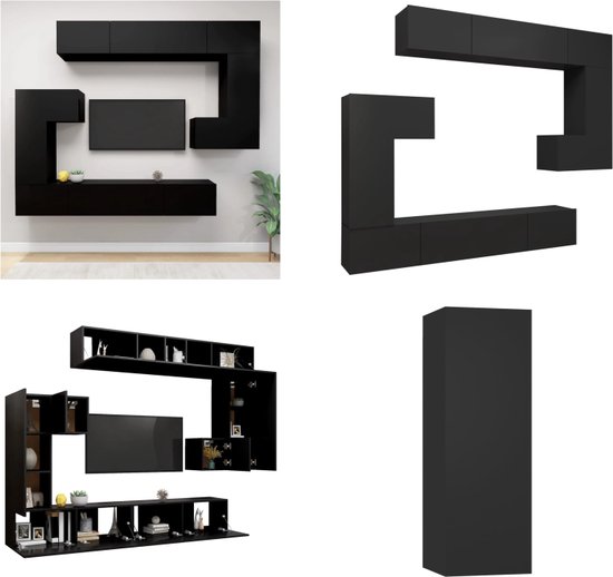 vidaXL 8-delige Tv-meubelset bewerkt hout zwart - Tv-kastenset - Tv-kastensets - Tv-kasten - Tv-meubelset