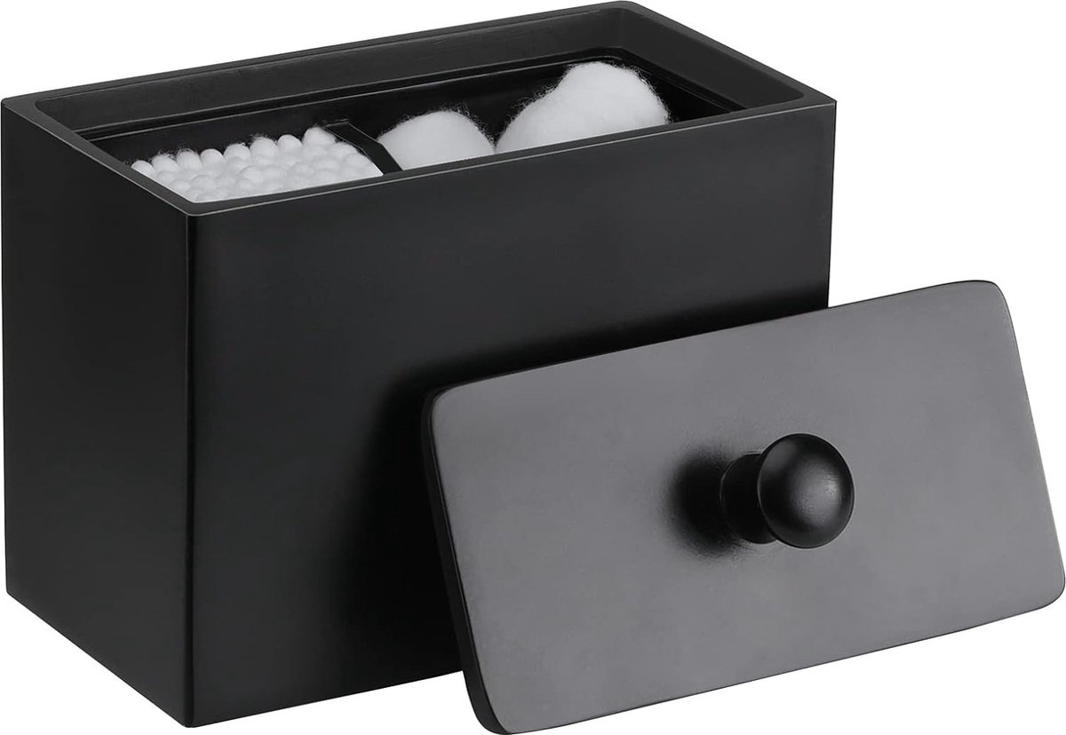 Hars wattenschijfjes wattenstaafjes make-up-organizer opbergdoos met deksel voor badzout Q-Tips katoenen houder voor cosmetische 2 vakken cosmetica-organizer mat zwart