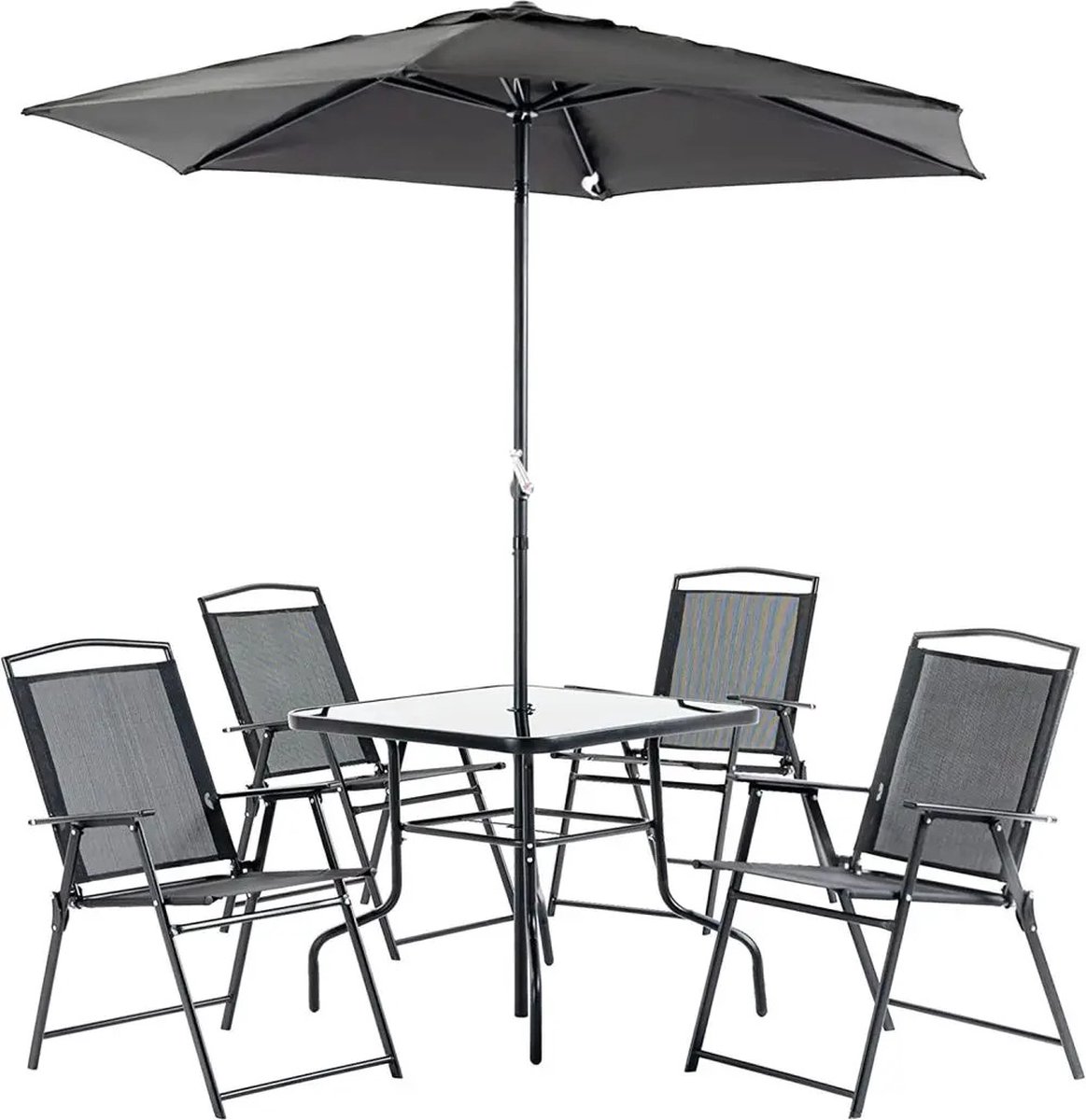 B.O.S. Tuinset Met Parasol - 4 Comfortabele Klapstoelen - Glazen Eettafel - Parasol - Zwart