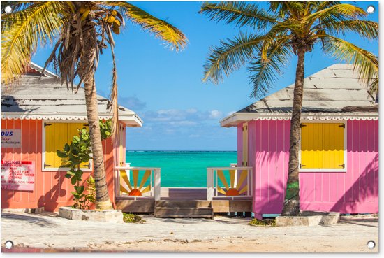 Foto: Tuinposters buiten kleurrijke strandhutjes caraiben 90x60 cm tuindoek buitenposter