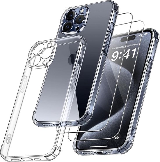 TPU schokbestendig Hoesje siliconen met 2-pack Schermbeschermer [Camera all-round bescherming] Geschikt voor: Apple iPhone 15 Pro Max