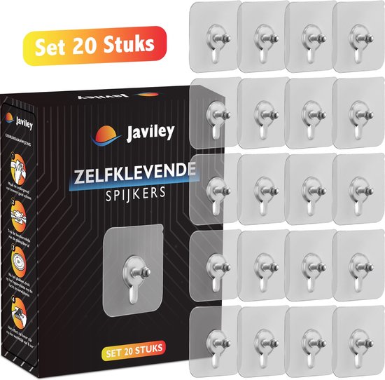 Javiley® Zelfklevende spijkers - 20 Stuks - Plakspijkers - Ophanghaken - Zelfklevend Ophangsysteem - Plakschroef - Plakhaakjes - Handdoekhaak - Schilderijhanger - Draagkracht tot 5 KG