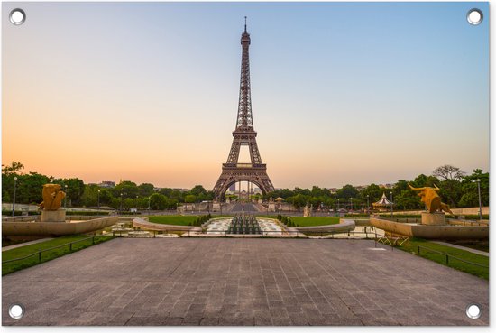 Tuindecoratie Parijs - Eiffeltoren - Zonsopgang - 60x40 cm - Tuinposter - Tuindoek - Buitenposter