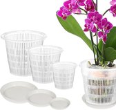 Pots à orchidées plastique transparent Ø 14cm 5 pièces + soucoupes