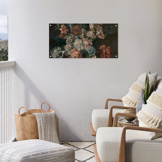 Affiche de jardin Nature morte aux fleurs - Peinture de Cornelia van der Mijn - 80x40 cm - Décoration murale Extérieur - Affiche de jardin - Toile de jardin - Affiche de clôture - Peinture de jardin