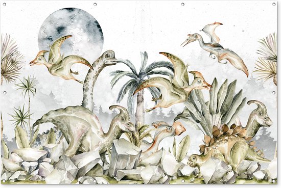 Muurdecoratie Dinosaurus - Kinderen - Jungle - Groen - Dieren - Natuur - 180x120 cm - Tuinposter - Tuindoek - Buitenposter