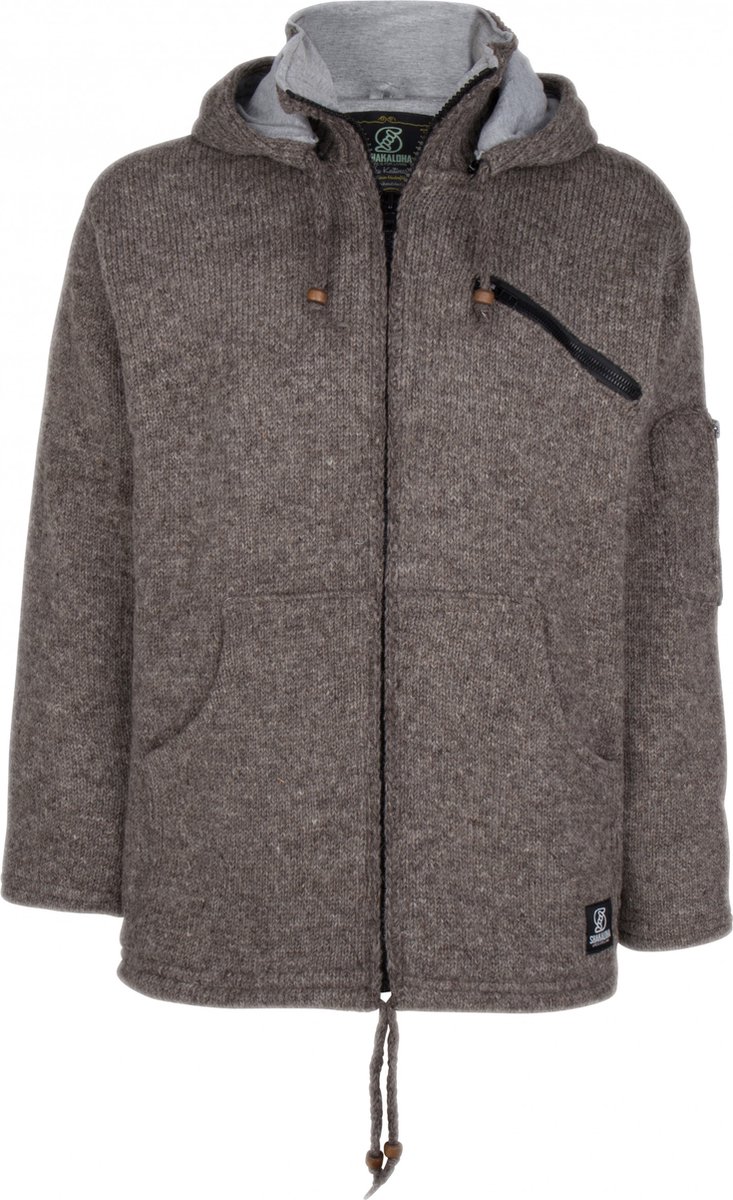 Gebreid Wollen Heren/Uni Vest van Schapenwol met Katoenen Voering en afneembare capuchon SHAKALOHA M Cruiser Ziphood Grijs