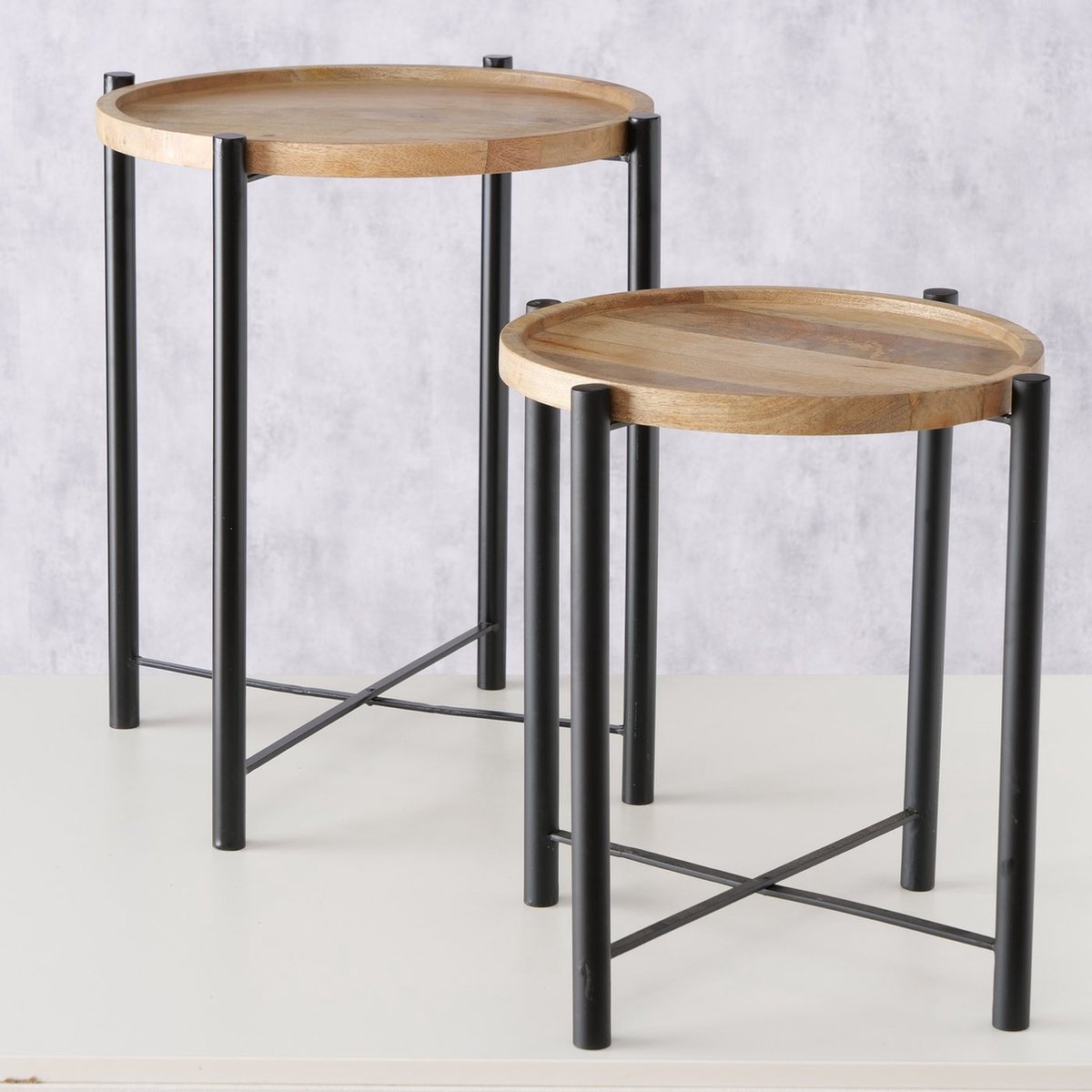 Bijzet tafel - Mango Hout - 2set - ijzer - 55x Ø49cm - 45xØ43cm - Zwart - Bruin