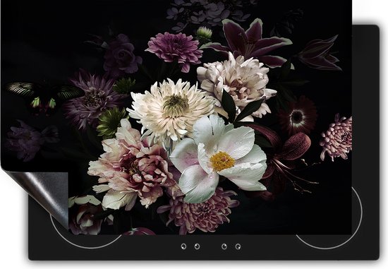 Chefcare Inductie Beschermer Diverse Bloemen op Zwart Achtergrond - 85x55 cm - Afdekplaat Inductie - Kookplaat Beschermer - Inductie Mat