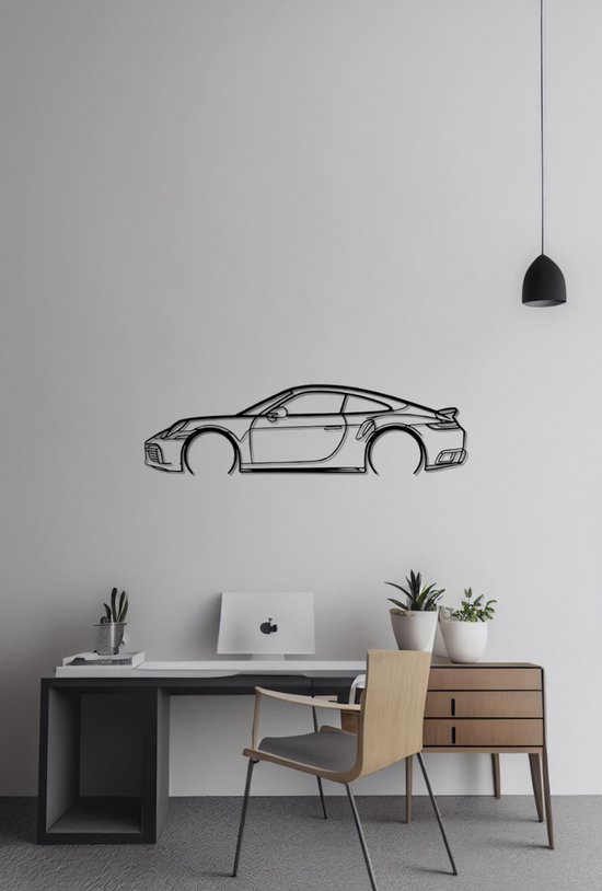 Porsche 911 TURBO S 992 - Silhouette - Metaalkunst - Zwart - 140 x 28 cm - Auto Decoratie - Muur Decoratie- Man Cave - Cadeau voor man- Inclusief ophangsysteem