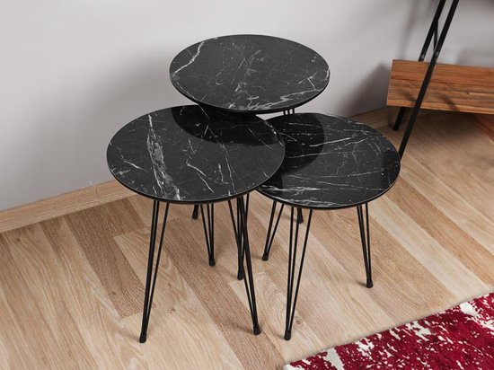 Vente-unique Set de 3 tables d'appoint extensibles - Métal et MDF - Effet marbre Zwart - DARIULA L 38 cm x H 55 cm x P 38 cm
