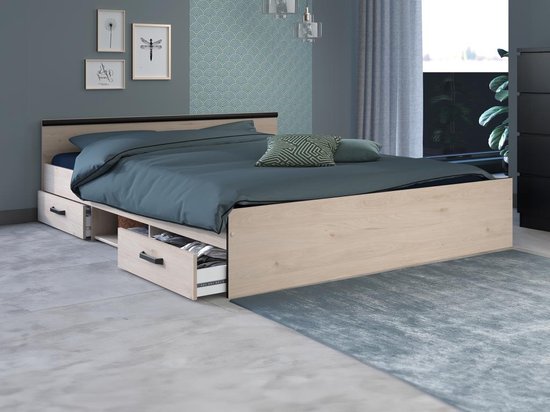 Bed met opbergruimte 160 x 200 cm - 2 laden en 1 nis - Kleur: naturel - PABLO L 166 cm x H 59 cm x D 203 cm